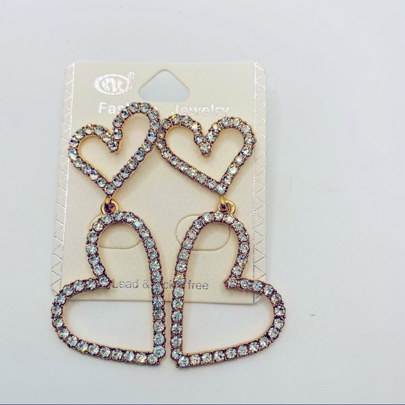 Earrings Crystal Drop Hearts set in Golden tone. Pierced - Picture 7 of 8